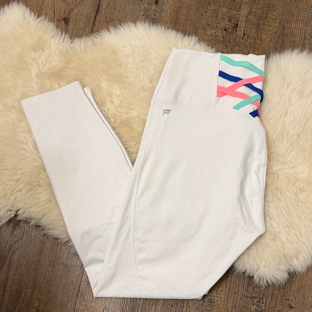 Fabletics White Leggings with Mint, Pink & Blue Trim